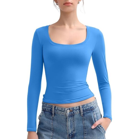 Tops - Women Pool Long Sleeve T Shirts Scoop Neck Slim Fit Out Top Collection